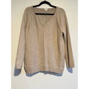 J.Jill Womens V-Neck‎ Cotton Linen Bkend Sweater Beige Minimalist Basic SIZE L